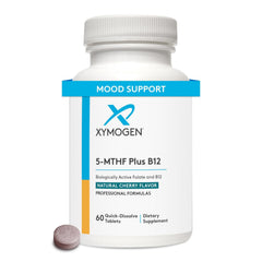 XYMOGEN cherry-flavored 5-MTHF Plus B12 tablet dissolves quickly.