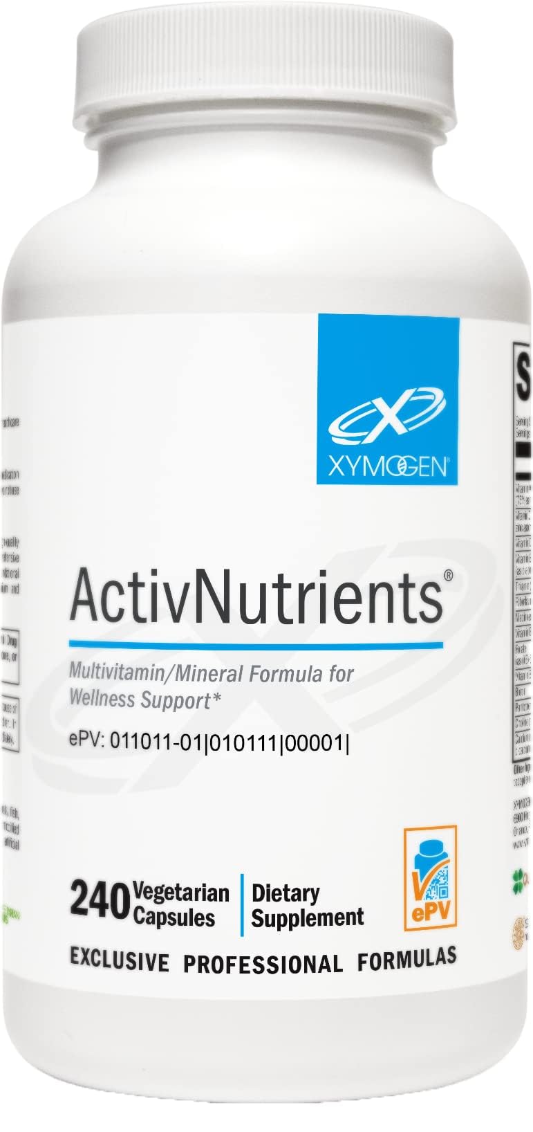 Xymogen ActivNutrients bottle label showing premium vitamin and mineral blend for daily wellness