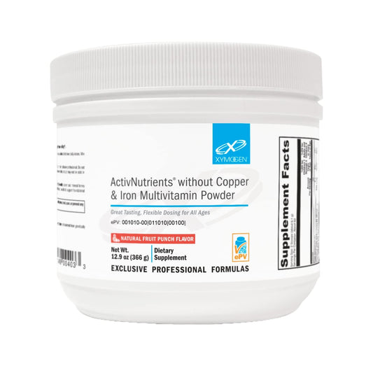 XYMOGEN ActivNutrients Fruit Punch powder tub front for daily wellness support.