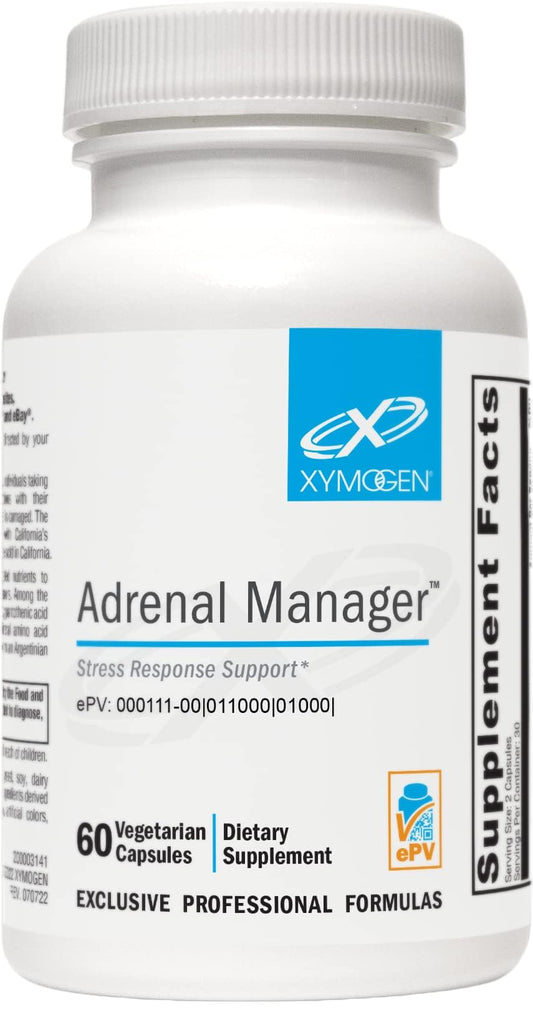 XYMOGEN Adrenal Manager bottle front showing packaging for daily energy support