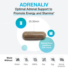 XYMOGEN Adrenaliv label view emphasizes non-GMO and allergen-free formula.