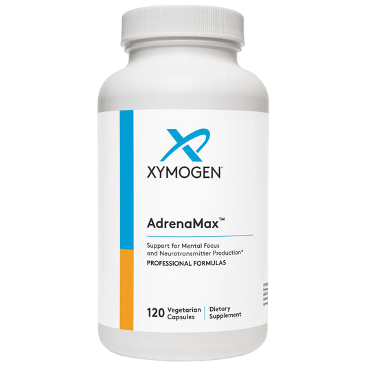 XYMOGEN AdrenaMax bottle front view showing 120 capsules for focus support.