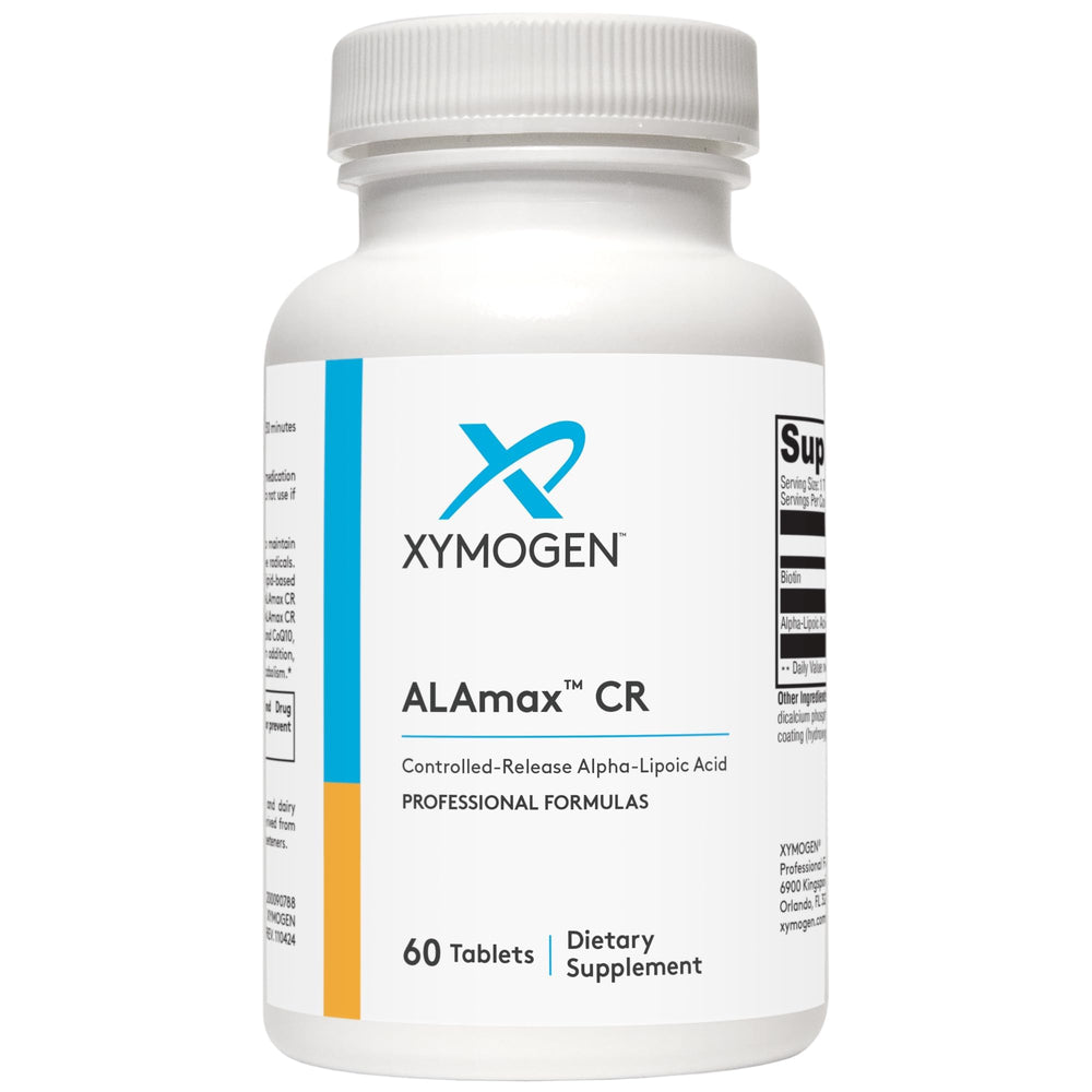 XYMOGEN ALAmax CR tablets close-up for sustained antioxidant support.