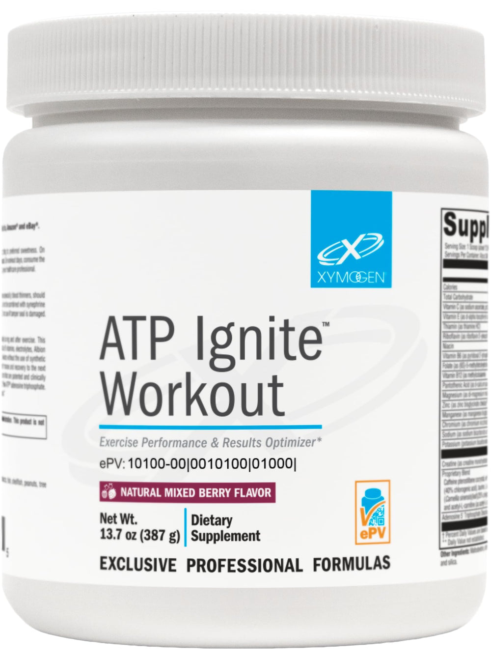 Xymogen ATP Ignite mixed-berry tub front communicates flavor and energy for workouts