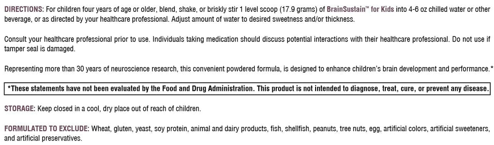 BrainSustain kids nutrition panel shows 6g protein per serving for energy.