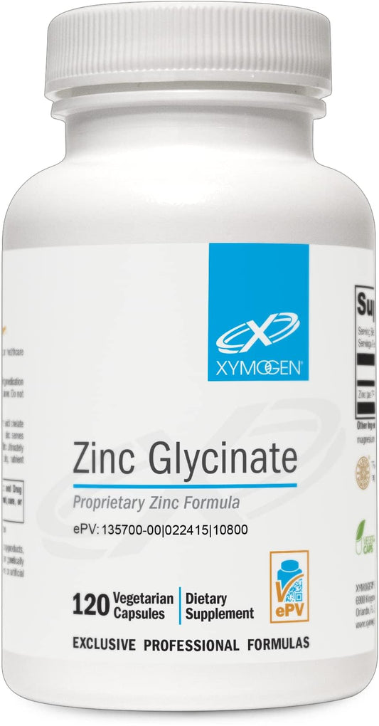 XYMOGEN chelated zinc glycinate capsules close-up highlighting absorption potential