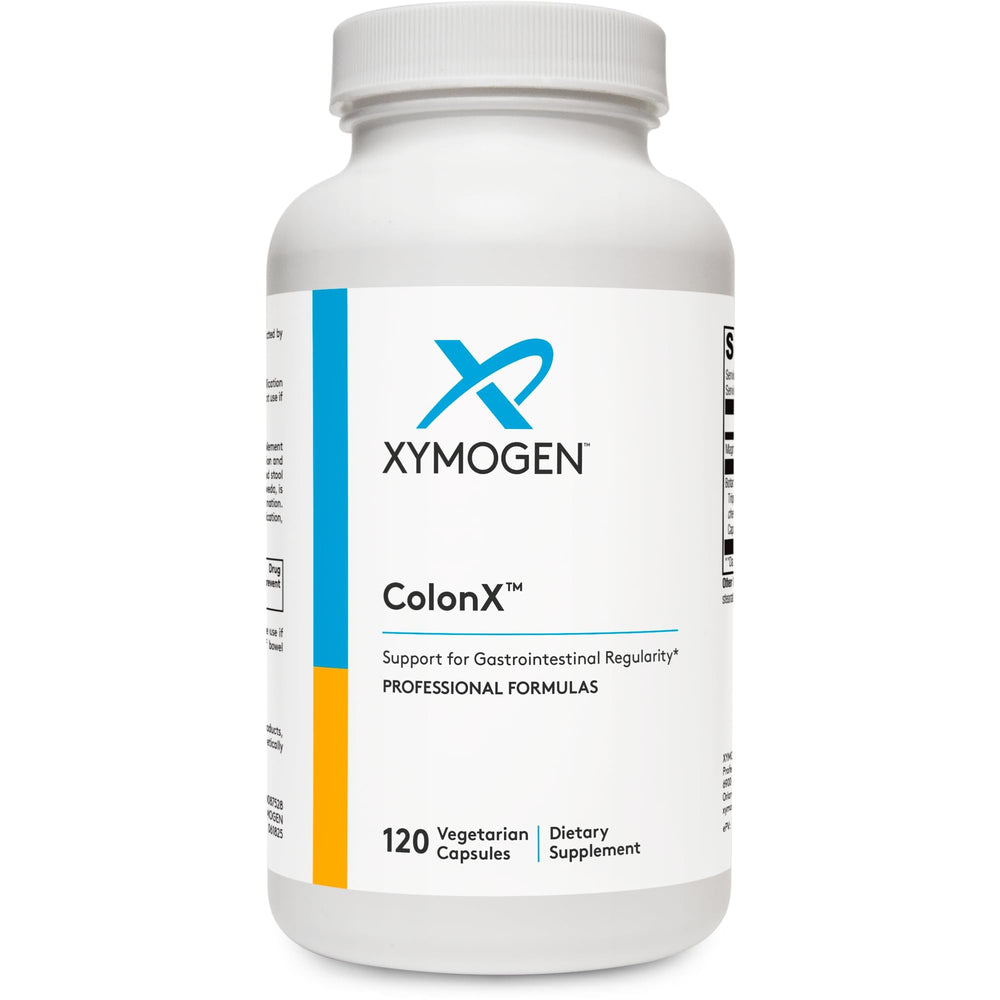 XYMOGEN ColonX bottle with capsules supporting digestive regularity and comfortable routine.