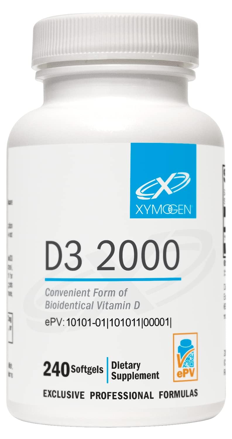 XYMOGEN D3 2000 IU bottle front, high-potency immune-support option.