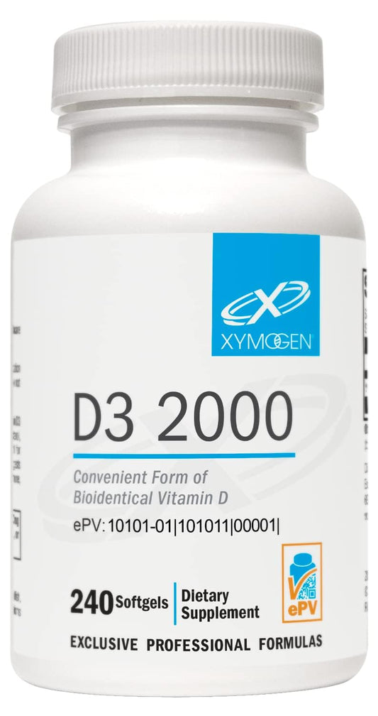 XYMOGEN D3 2000 IU bottle front, high-potency immune-support option.