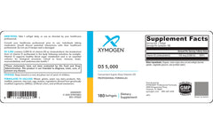 Xymogen D3 5000 softgel on white background emphasizing potency.