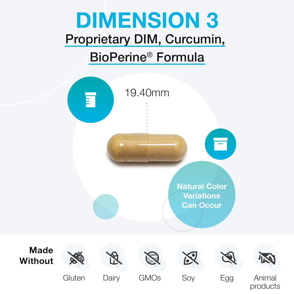 Xymogen Dimension 3 bottle pour showing convenient daily supplement routine.