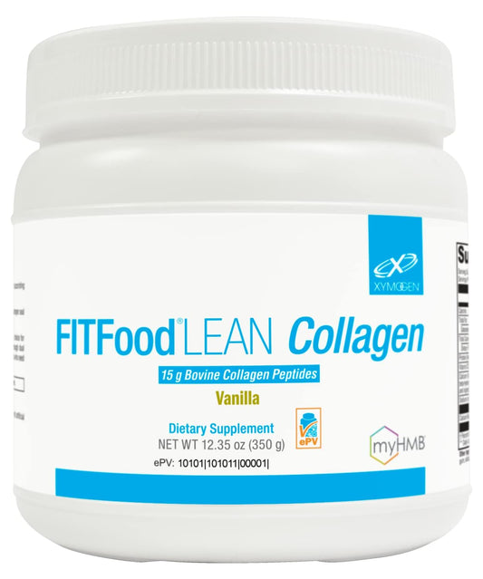 XYMOGEN FIT vanilla collagen bottle highlights joint support and recovery potential.