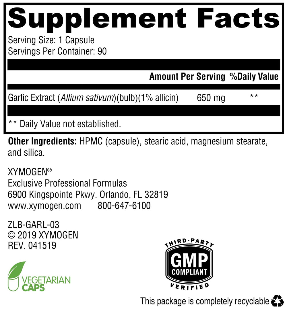 Xymogen GarliX capsules close-up highlighting allicin and alliin content.