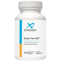 Capsules being poured from XYMOGEN Green Tea 600 bottle for easy daily use