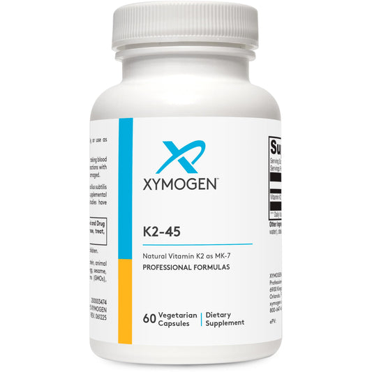 XYMOGEN K2-45 capsules in a bottle for potential bone support