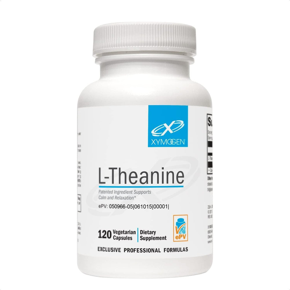 XYMOGEN L-Theanine bottle with Suntheanine 400 mg promotes calm focus.