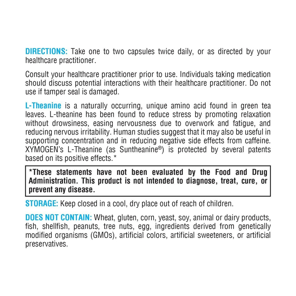 XYMOGEN L-Theanine label shows patented Suntheanine formula for quality.