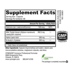 XYMOGEN Liver Protect packaging box highlighting milk thistle and NAC for antioxidants.