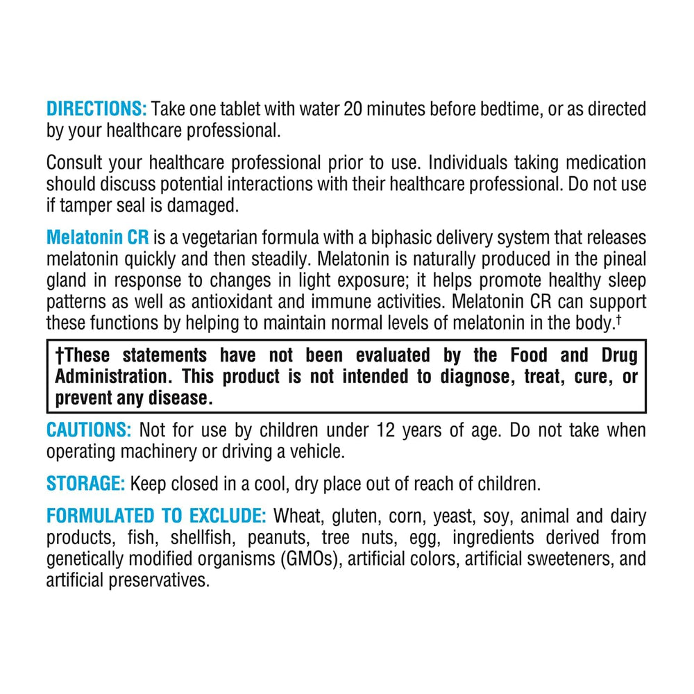 XYMOGEN Melatonin CR label details showing non-GMO and allergen-friendly attributes.