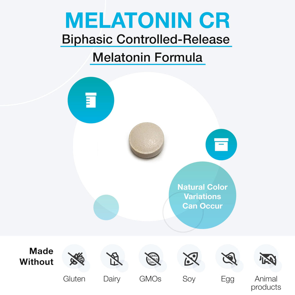 XYMOGEN Melatonin CR bottle label highlighting vitamin B6 and calcium dicalcium phosphate ingredients.