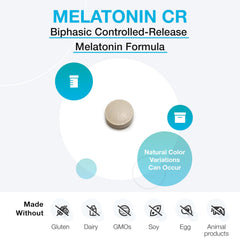 XYMOGEN Melatonin CR bottle label highlighting vitamin B6 and calcium dicalcium phosphate ingredients.