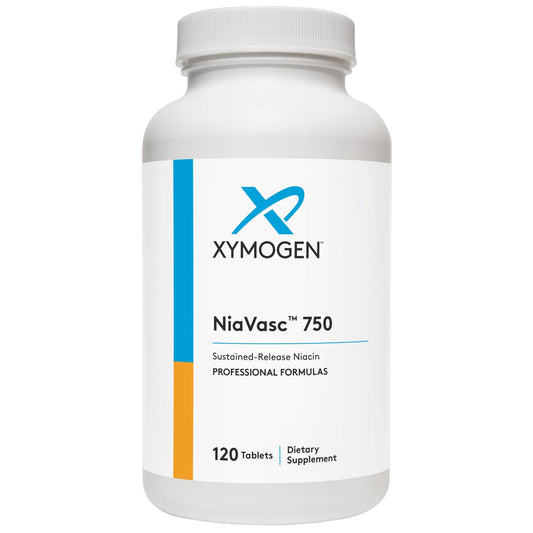 XYMOGEN NiaVasc 750 bottle front view highlighting time-release niacin