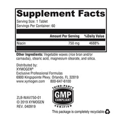 XYMOGEN NiaVasc bottle label with vegan, non-GMO and allergen-conscious notes