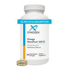 XYMOGEN Omega MonoPure 650 EC bottle front with easy-to-swallow softgels for daily use.