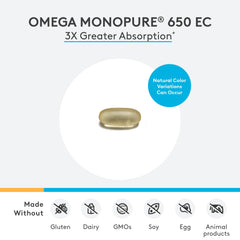 XYMOGEN Omega MonoPure 650 EC softgels closeup highlighting smaller size for easier swallowing.