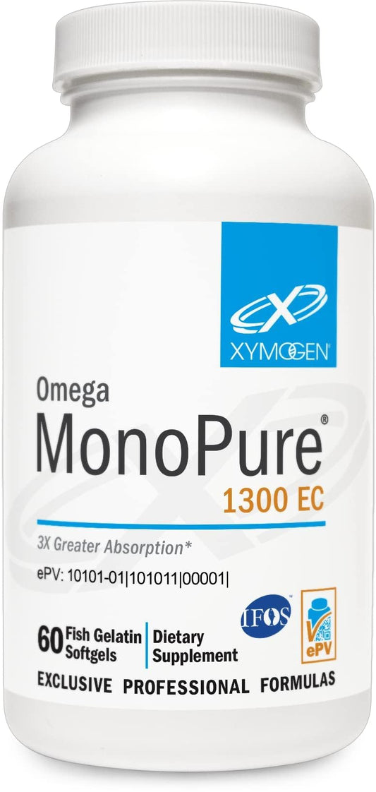 XYMOGEN Omega MonoPure 1300 EC bottle front view for heart and brain wellness