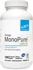 XYMOGEN Omega MonoPure 1300 EC bottle shows enteric-coated omega-3 softgels for heart and brain support.