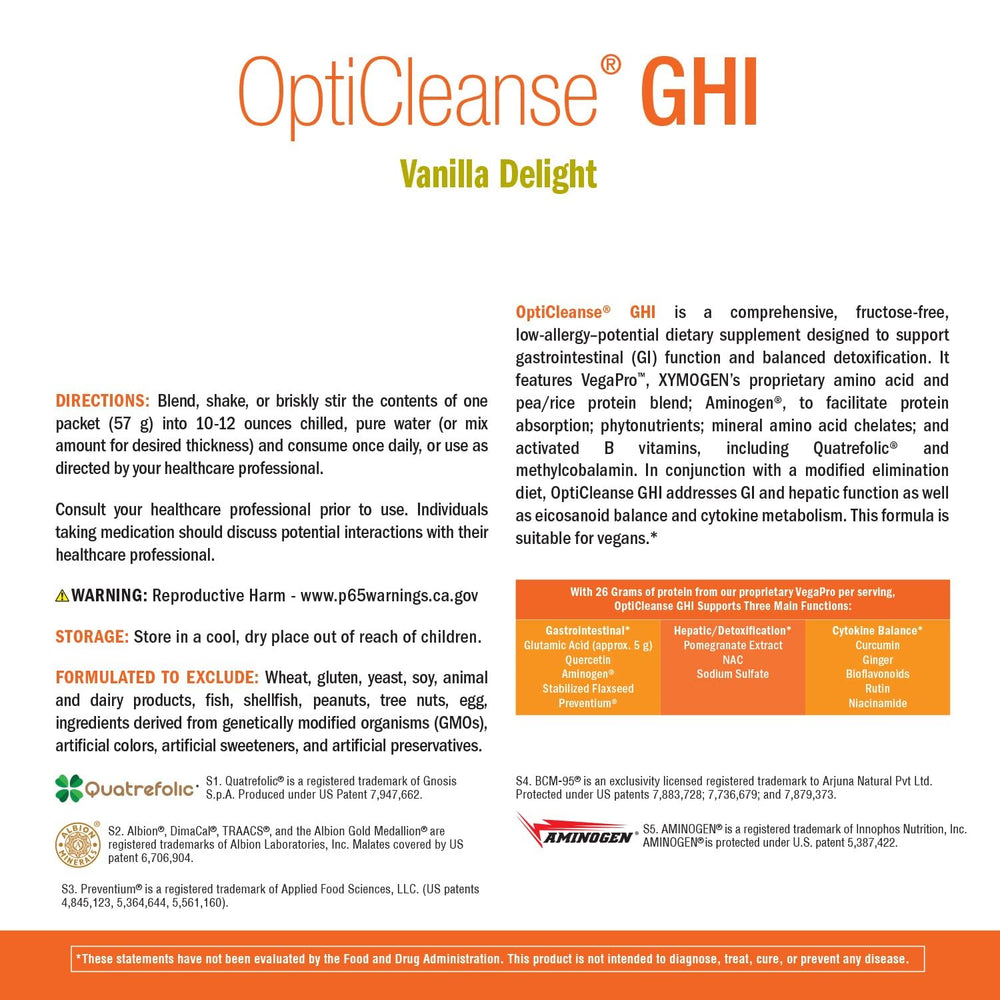 Xymogen OptiCleanse GHI plant-protein blend graphic highlights pea and rice protein.