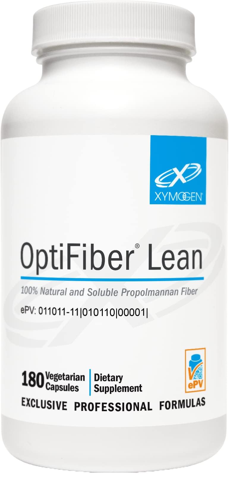 XYMOGEN OptiFiber Lean bottle highlighting soluble fiber for gut health.