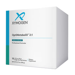 Xymogen OptiMetaboliX bottle label highlights B12 and folate for metabolism support.