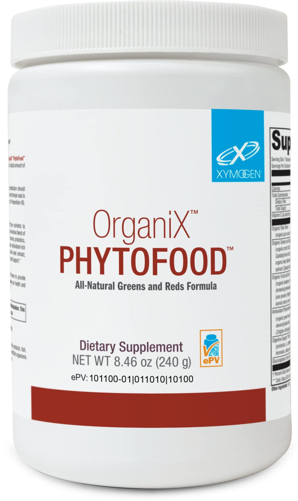 XYMOGEN OrganiX Phytofood Reds Greens tub front showing greens and reds for daily nutrition