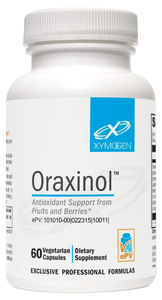 XYMOGEN Oraxinol bottle front highlighting vegan, gluten-free antioxidant support.