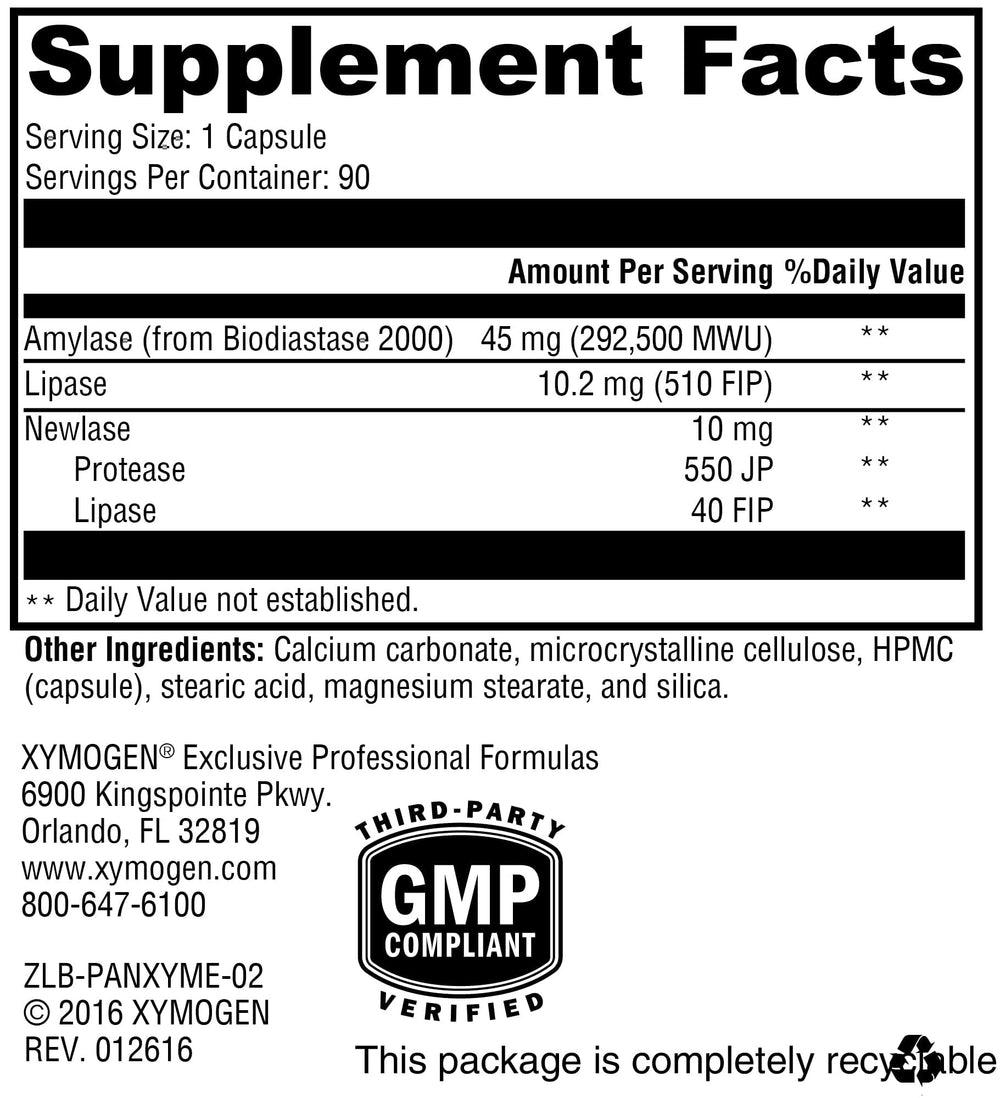 XYMOGEN PanXyme pH tablets close-up highlights acid-resistant enzymes for meals.