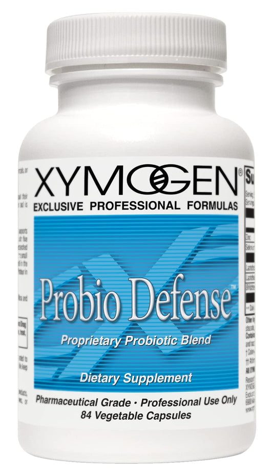 Xymogen Probio Defense bottle promoting digestive balance with dairy-free capsules.