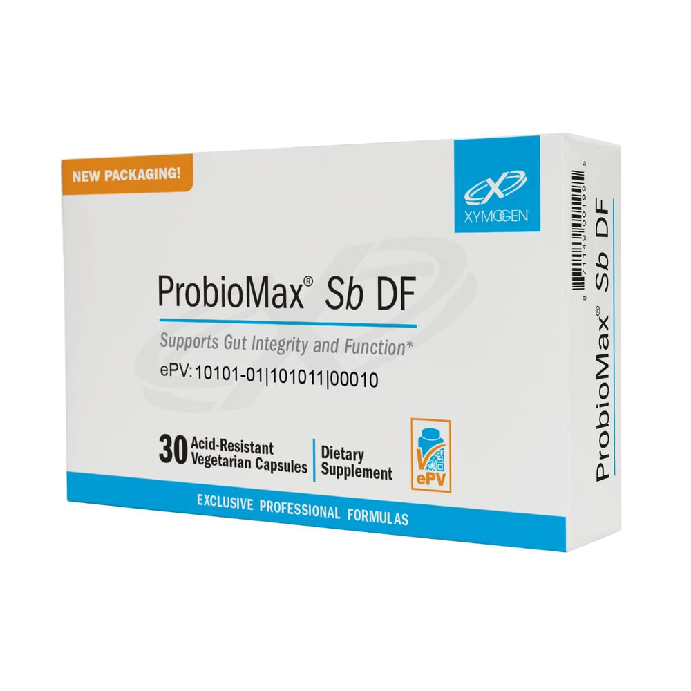 XYMOGEN ProbioMax Sb 35B bottle close-up; supports digestive balance and immune health.