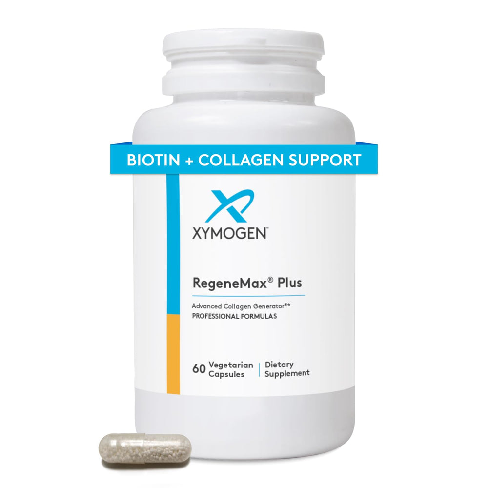 XYMOGEN RegeneMax Plus bottle highlights collagen for skin and hair support.
