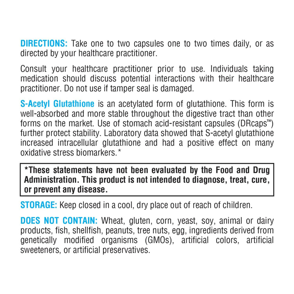Label emphasizing allergen-free formulation of XYMOGEN S Acetyl Glutathione.