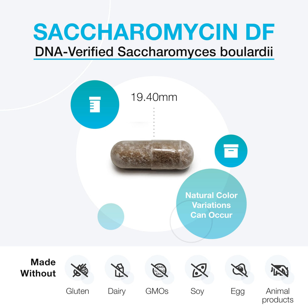 DNA-verified Saccharomyces boulardii label signals verified quality and strain identification.