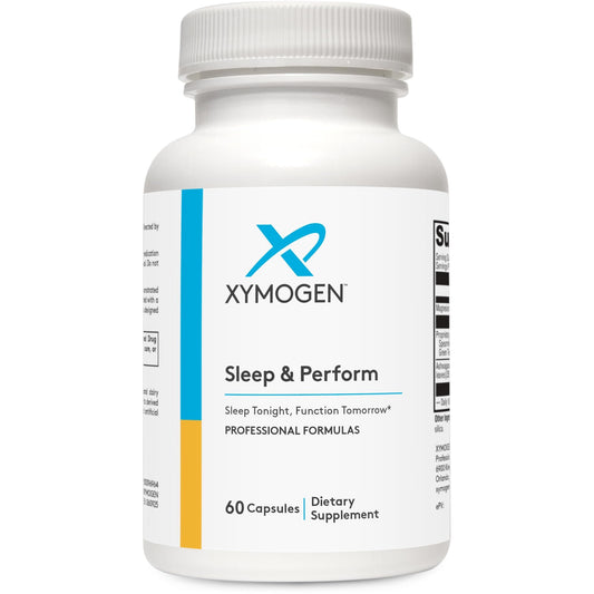 Xymogen Sleep and Perform bottle with chelated magnesium and ashwagandha for nightly calm and recovery.
