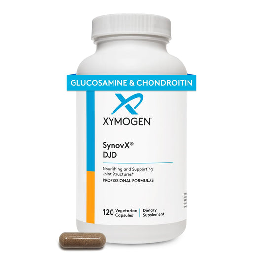 XYMOGEN SynovX DJD bottle showcases joint support formula for active adults.