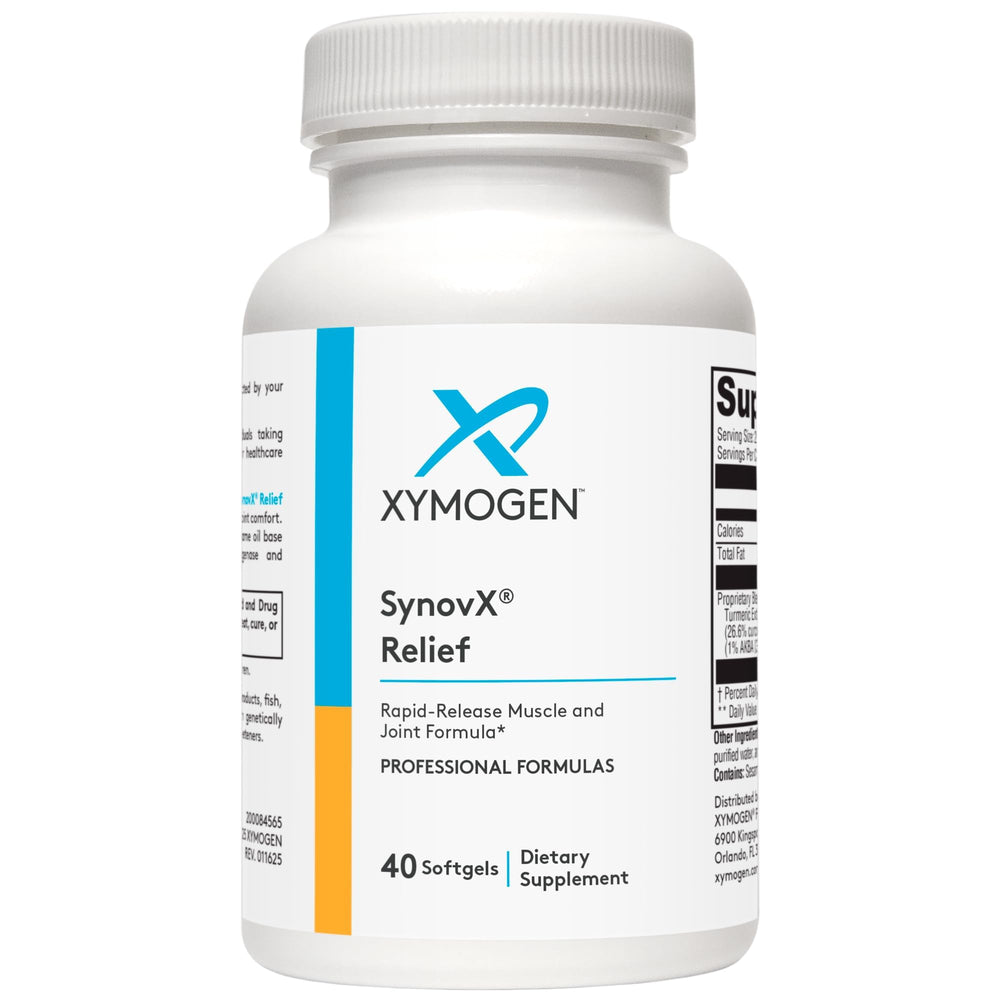 XYMOGEN SynovX Relief bottle shown for joint support and mobility benefits.