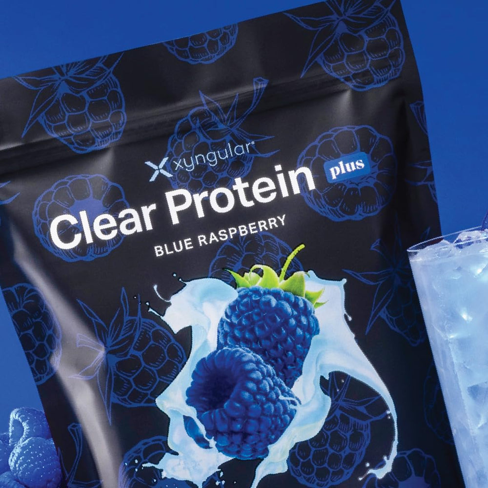Xyngular Clear Protein Blue Raspberry bag back view ready to mix.