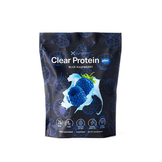 Xyngular Clear Protein Blue Raspberry 20g bag front view for post-workout refreshment.