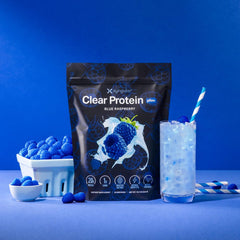 Xyngular Clear Protein Blue Raspberry bag side angle showing portable flavor option.