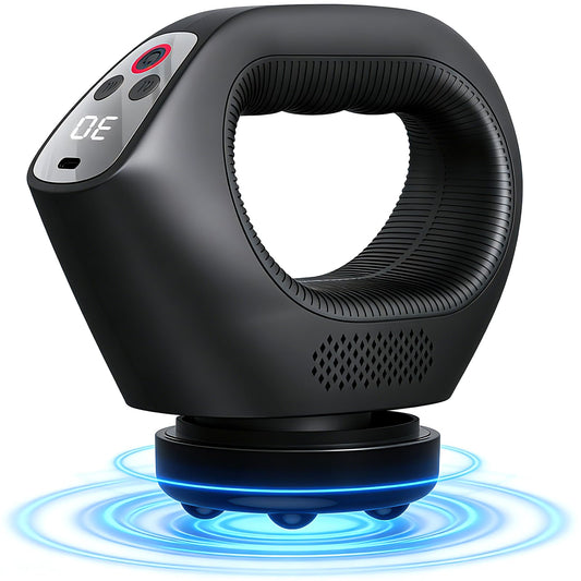 XYVIA 3D rotating massage gun front view showing deep tissue reach for shoulders