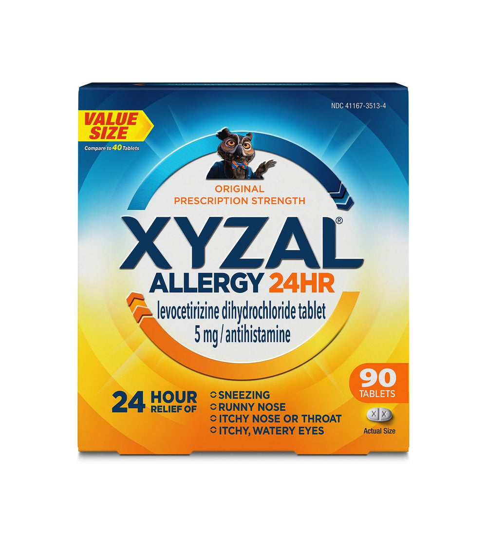 Xyzal bottle front view for all-day allergy relief
